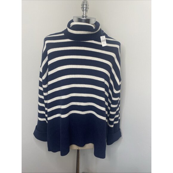 GAP Split Hem Turtleneck Sweater XL Navy Blue White Stripe Cotton Oversized NEW - Picture 3 of 9